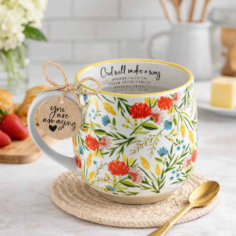 Floral Ceramic Mug, Encouraging Quote, Christian Coffee Cup