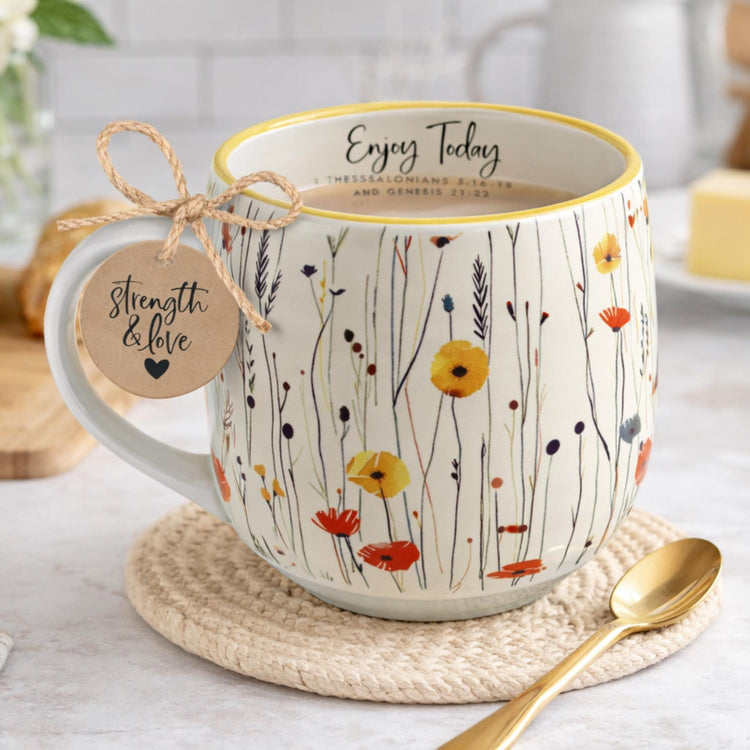 Enjoy Today Floral Ceramic Mug, Positive Message Coffee Cup, Gift for Her