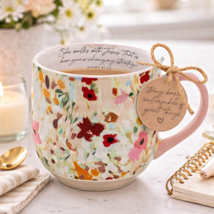 Floral Ceramic Mug, Inspirational Message, Boho Gift for Her, Coffee Cup for Women
