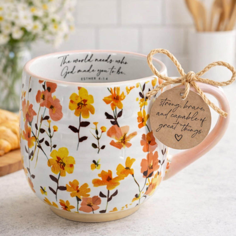 Boho Style Floral Ceramic Mug, Inspirational Faith Message, Christian Coffee Cup