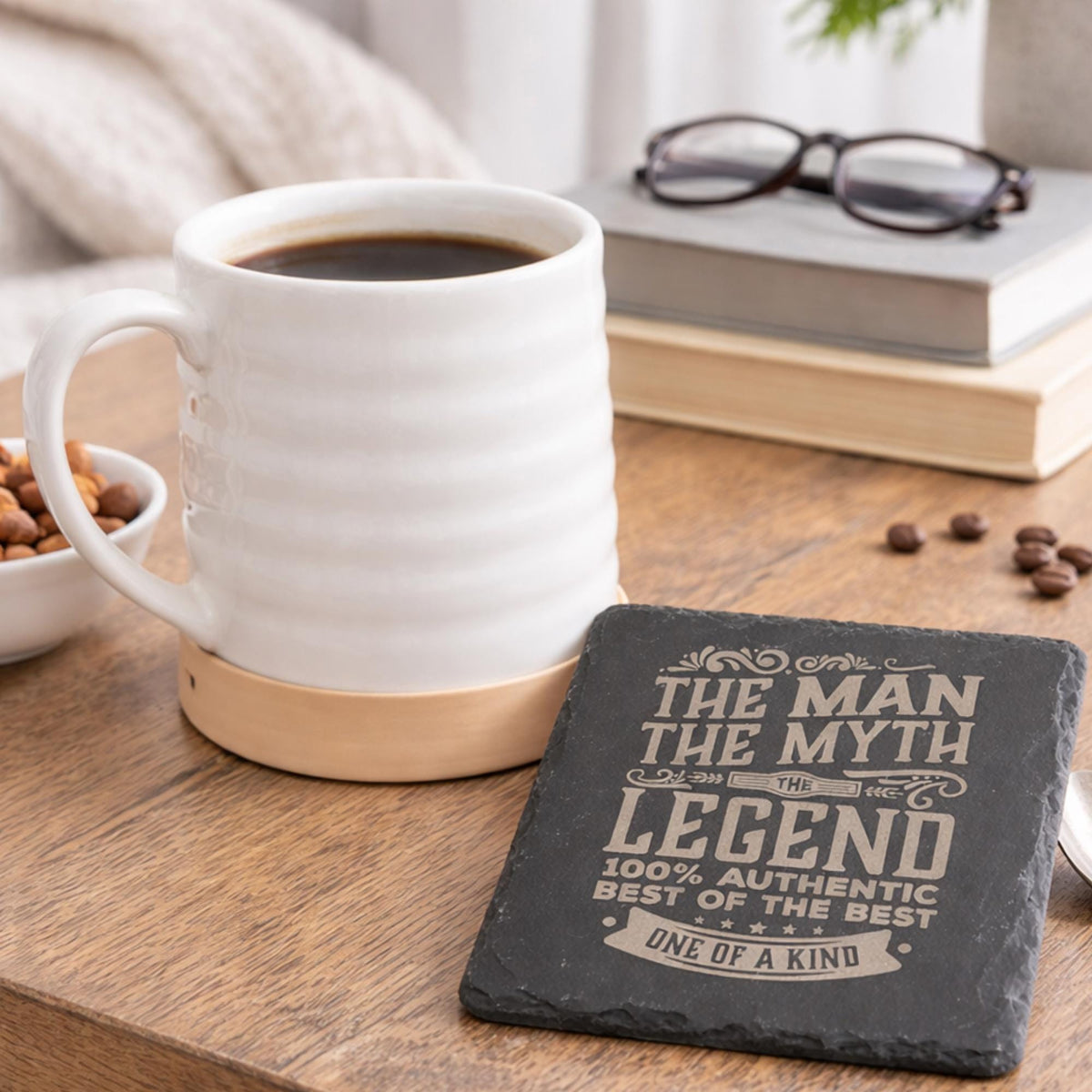 Man Myth Legend Mug, 24 oz Stoneware, Hidden Message Coffee Cup, Slate Coaster