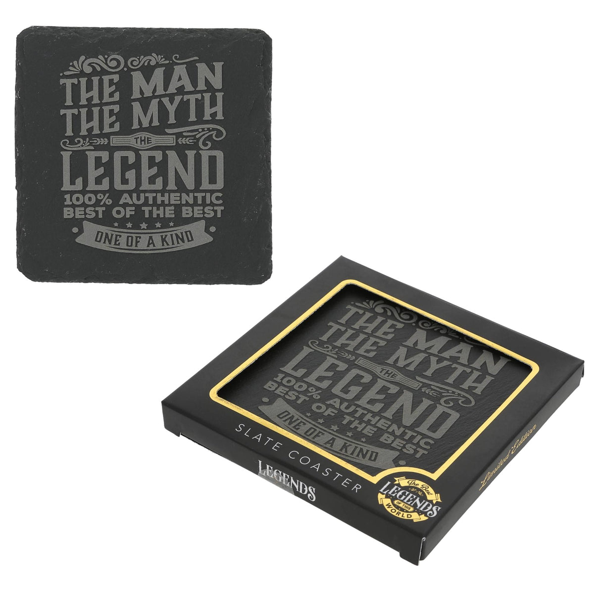 Man Myth Legend Mug, 24 oz Stoneware, Hidden Message Coffee Cup, Slate Coaster