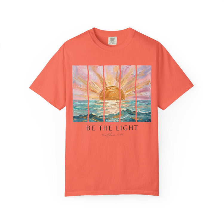 Faith Gift Idea Christian Shirt Inspirational Message Sunrise Design Scripture Verse Reference Matthew Inspired Artwork Beach Aesthetic Tee Casual Wear Comfort Heavyweight Cotton Construction Quality Garment Dyed Finish Relaxed Fit Style