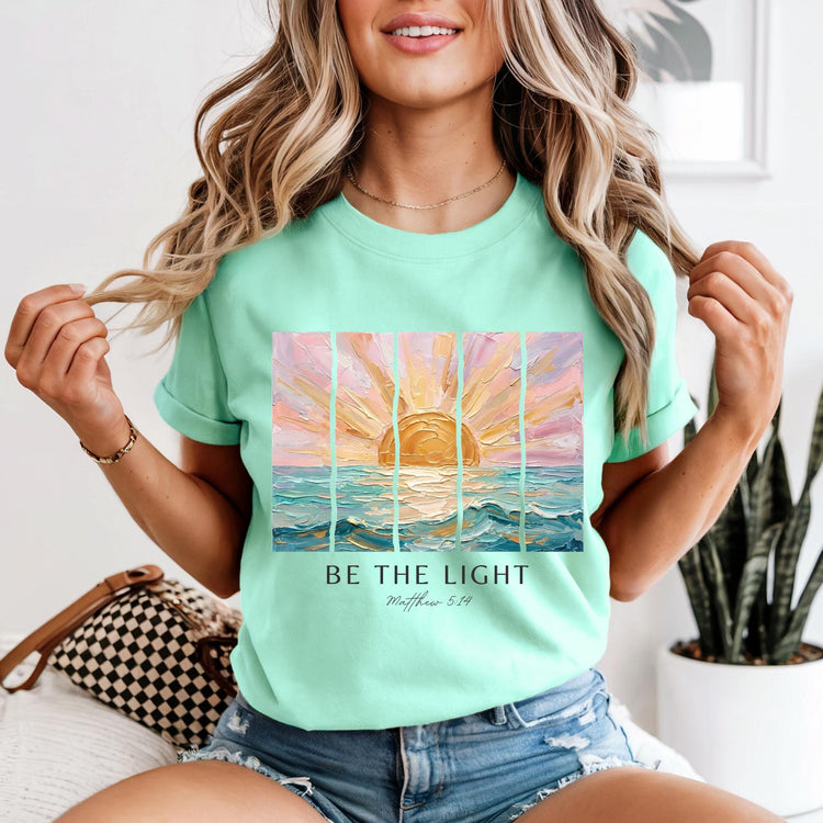 Christian Faith Shirt Scripture Verse Matthew Inspired Be Light Message Sunrise Design Casual Tee Beach Aesthetic Inspirational Clothing Faith Based Apparel Heavyweight Cotton Relaxed Fit Garment Dyed Comfort Vintage Feel Pastel Colors