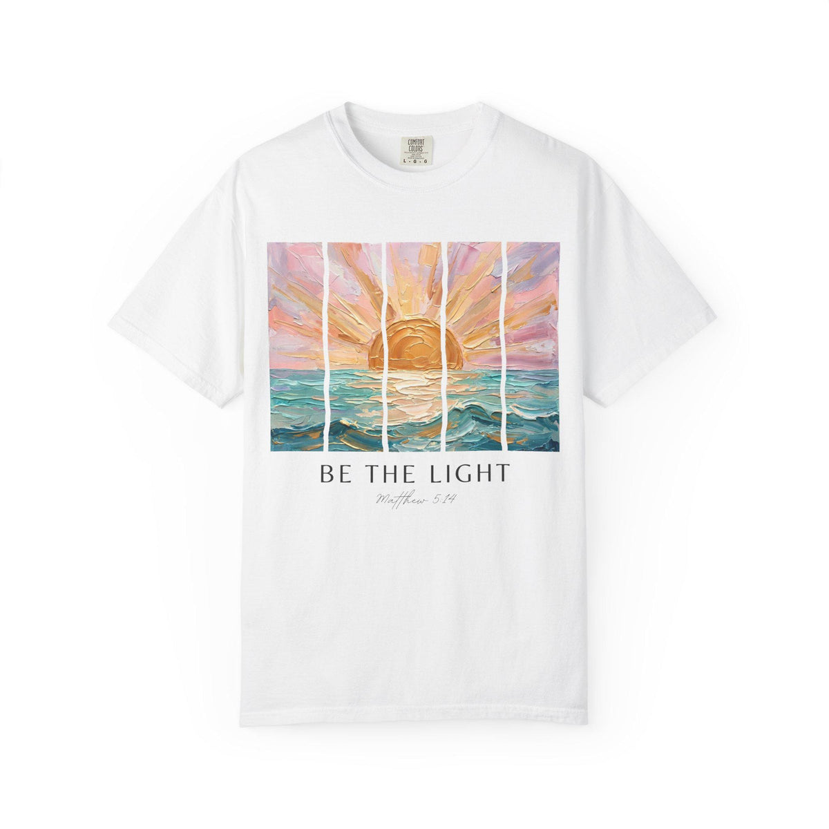 Sunrise Design Tee Christian Faith Message Beach Aesthetic Shirt Scripture Verse Inspiration Matthew Reference Casual Wear Comfort Heavyweight Cotton Relaxed Fit Garment Dyed Quality Faith Expression Apparel Coastal Vibes Everyday Style