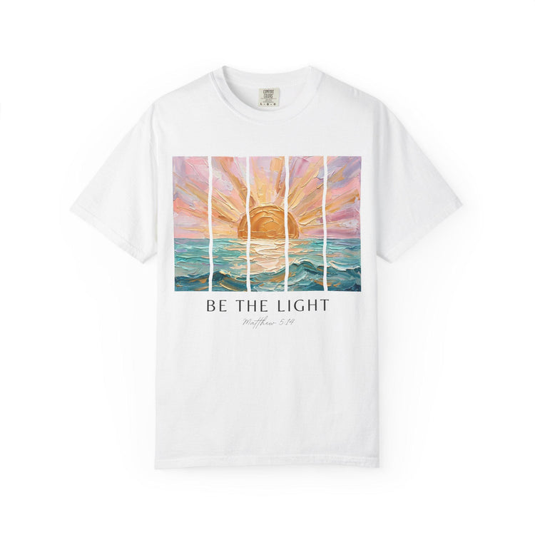 Sunrise Design Tee Christian Faith Message Beach Aesthetic Shirt Scripture Verse Inspiration Matthew Reference Casual Wear Comfort Heavyweight Cotton Relaxed Fit Garment Dyed Quality Faith Expression Apparel Coastal Vibes Everyday Style