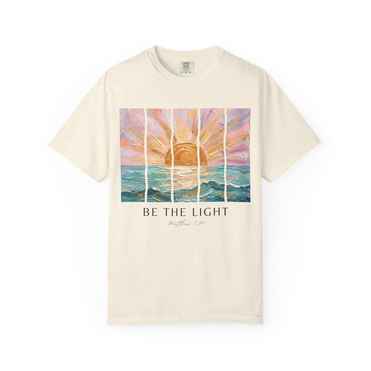 Heavyweight Cotton Shirt Christian Faith Design Relaxed Fit Comfort Garment Dyed Finish Scripture Verse Message Matthew Inspired Artwork Sunrise Beach Aesthetic Pastel Color Palette Quality Construction Casual Wear Appeal Spiritual Clothing