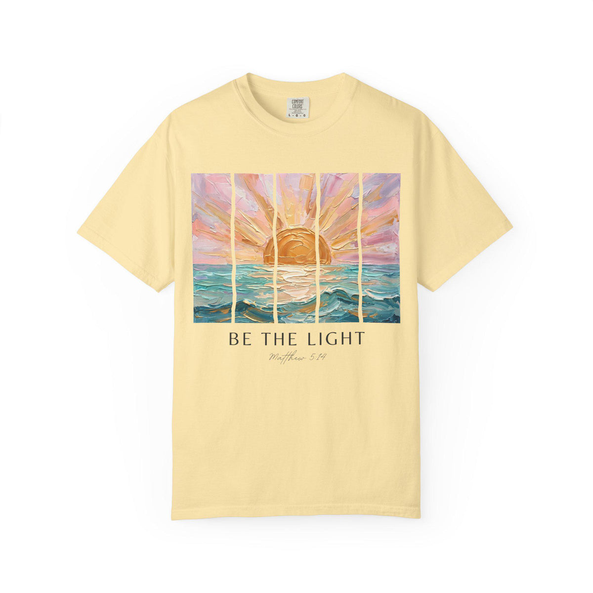 Inspirational Message Tee Christian Faith Expression Scripture Verse Design Matthew Reference Artwork Sunrise Imagery Beach Aesthetic Style Heavyweight Cotton Quality Relaxed Fit Comfort Garment Dyed Vintage Feel Casual Everyday Wear
