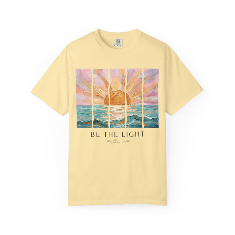 Inspirational Message Tee Christian Faith Expression Scripture Verse Design Matthew Reference Artwork Sunrise Imagery Beach Aesthetic Style Heavyweight Cotton Quality Relaxed Fit Comfort Garment Dyed Vintage Feel Casual Everyday Wear