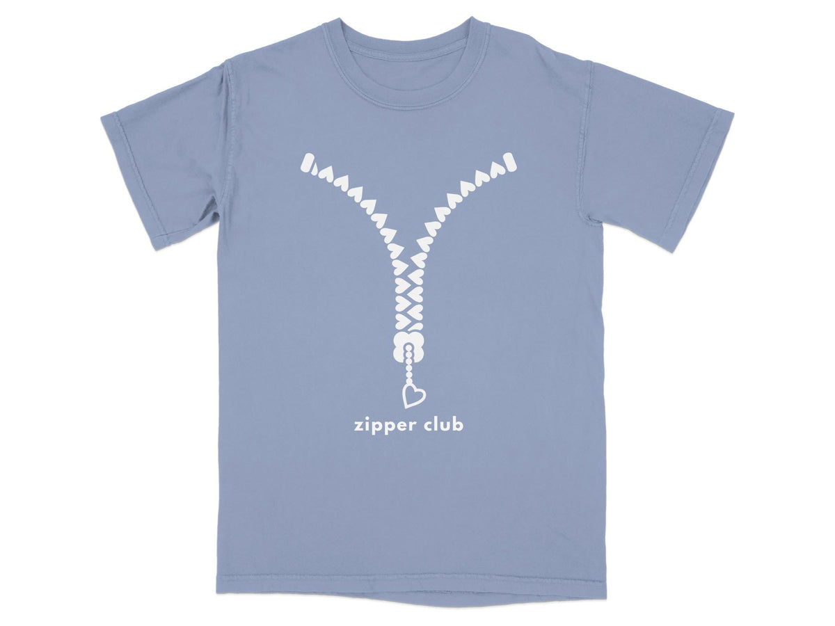 Light blue t-shirt with a white zipper graphic and text "zipper club".