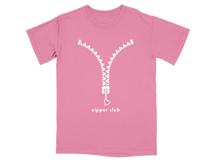Gray t-shirt with a white zipper graphic and the text "zipper club".