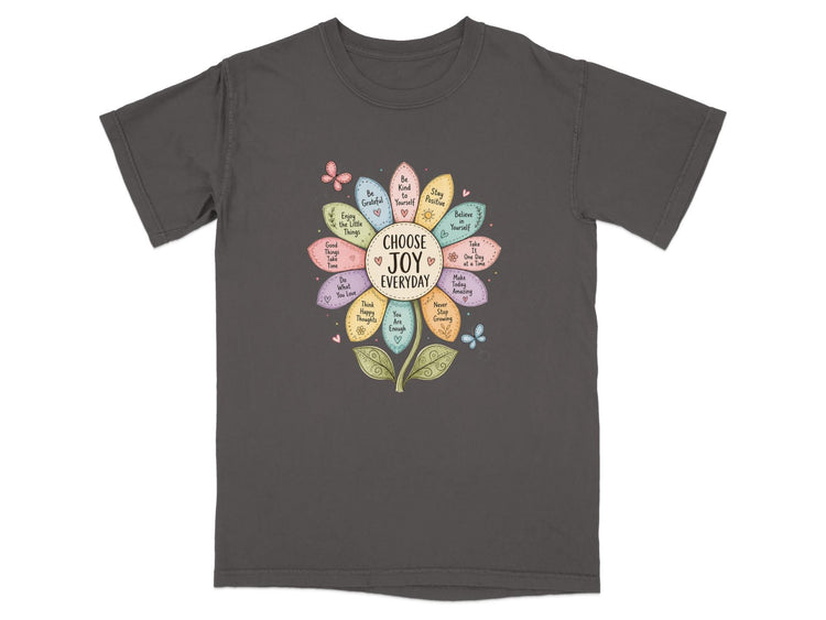 T-shirt with floral design and motivational phrases.
