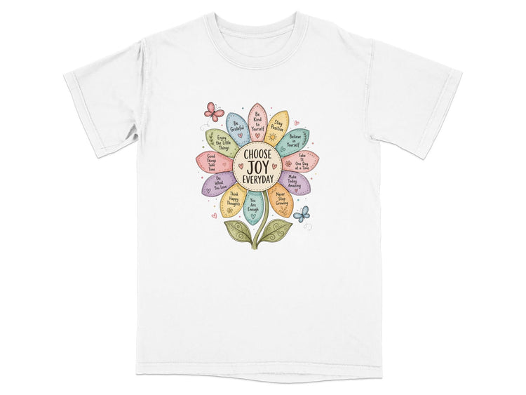 Flower graphic with motivational phrases like "CHOOSE JOY EVERYDAY" and "Be Kind".