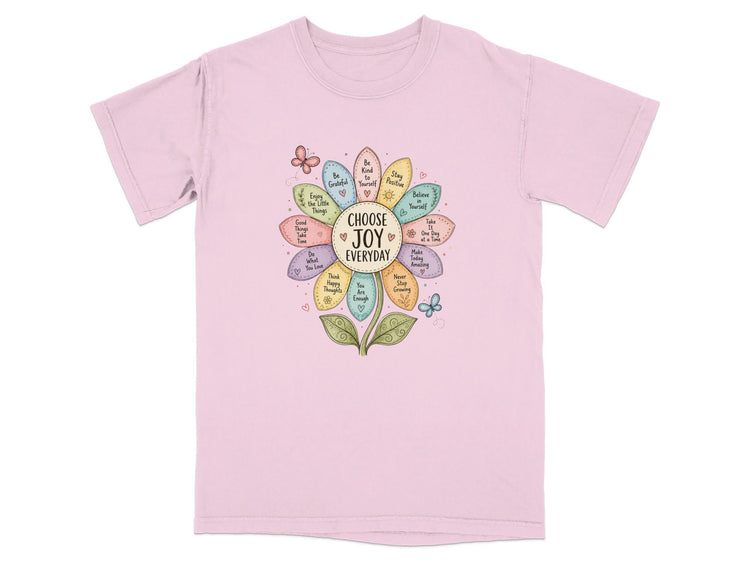 Floral design with "CHOOSE JOY EVERYDAY" in center and positive affirmations.