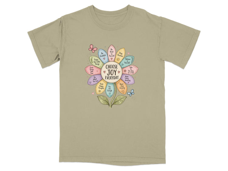 T-shirt with floral design and inspirational phrases like "Choose Joy Everyday".