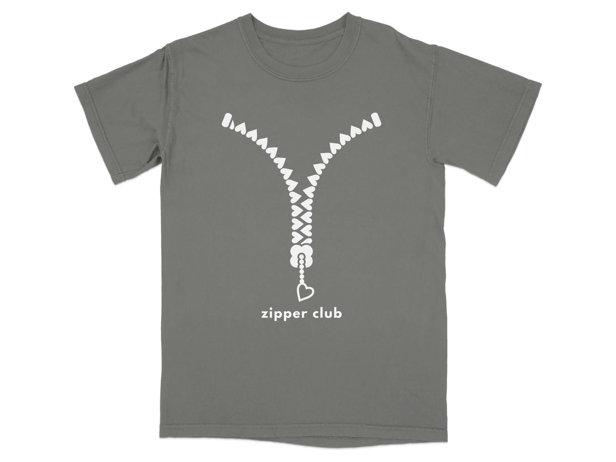 Gray t-shirt with a white zipper graphic and "zipper club" text.