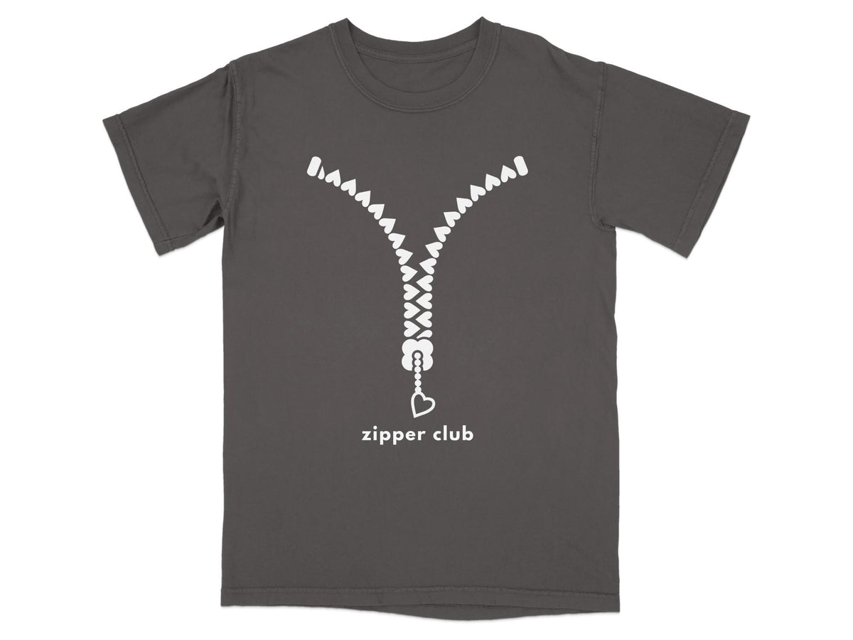 Dark grey t-shirt with a white zipper design and "zipper club" text.