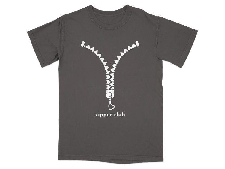 Dark grey t-shirt with a white zipper design and "zipper club" text.