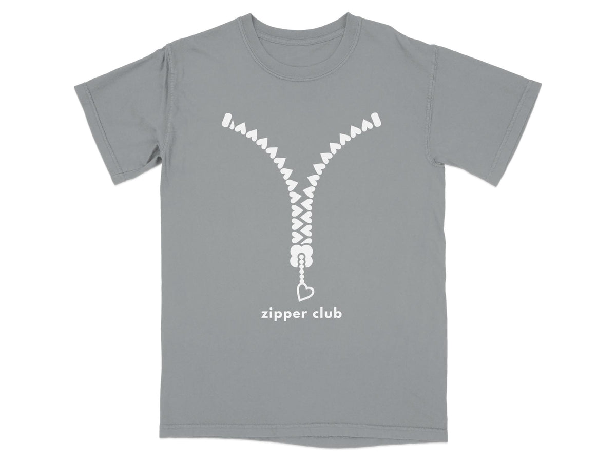 Grey t-shirt with a white zipper graphic and "zipper club" text.