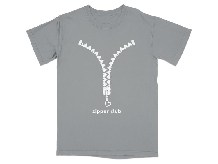 Grey t-shirt with a white zipper graphic and "zipper club" text.