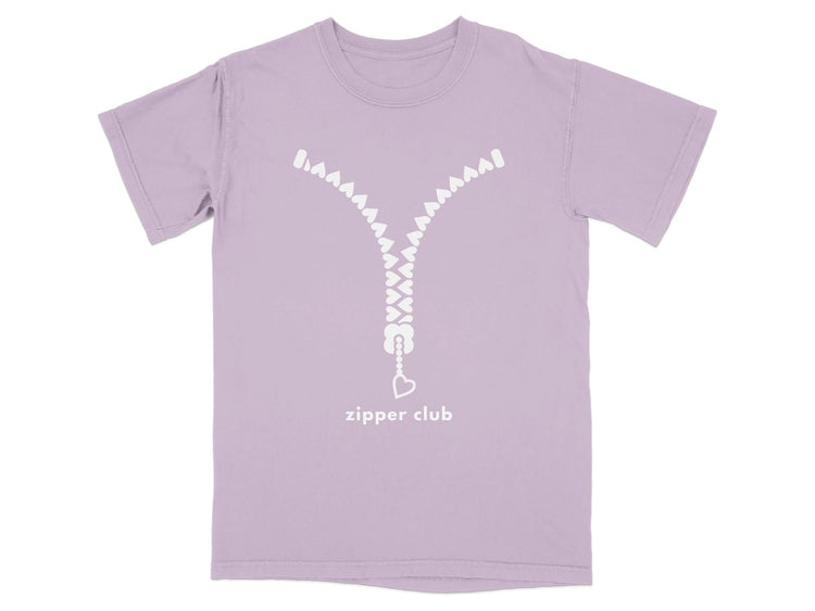 Purple t-shirt with a white zipper graphic and "zipper club" text.