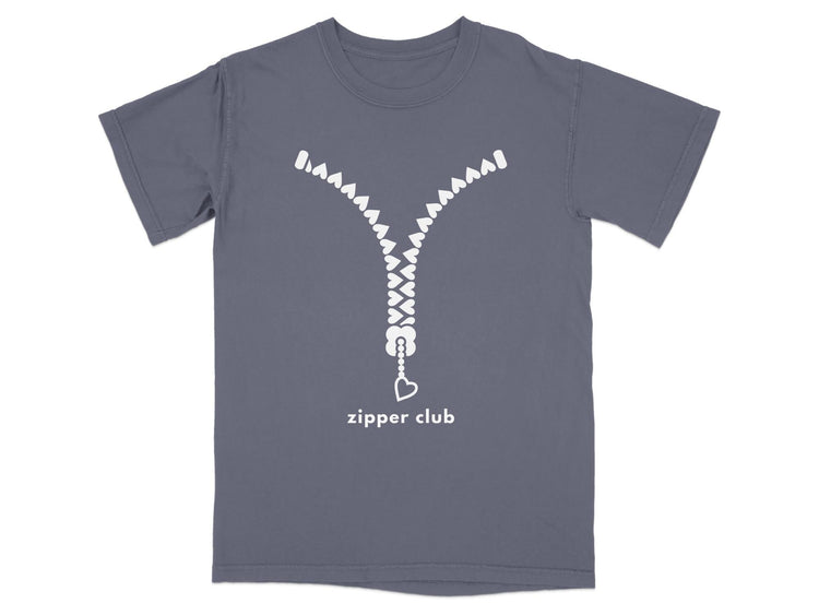 Mauve t-shirt with white zipper graphic and "zipper club" text.