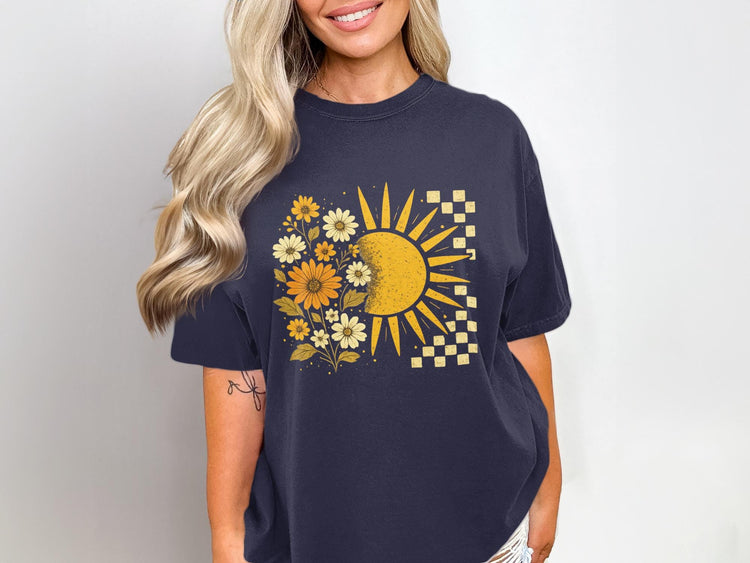 Dark navy t-shirt with sun and floral graphic.