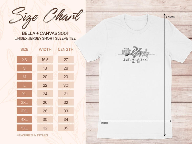 Bella+Canvas 3001 unisex tee size chart with measurements and Bible verse.