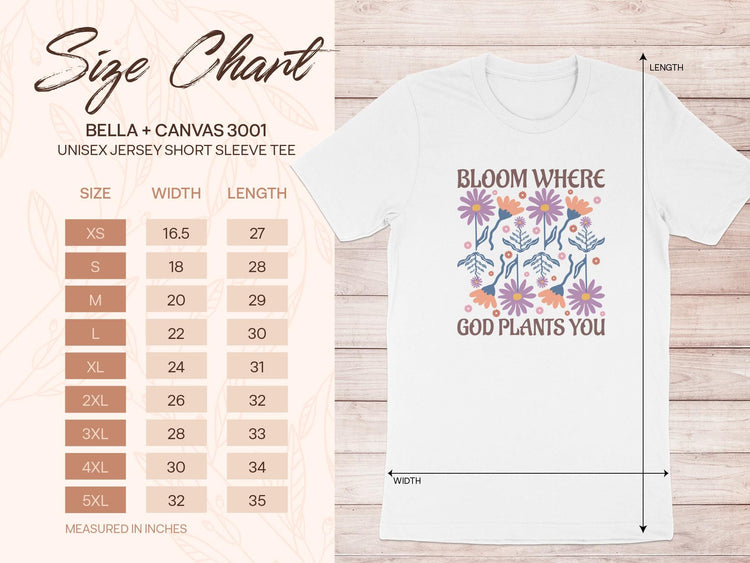 Bella + Canvas 3001 size chart with "Bloom Where God Plants You" graphic.