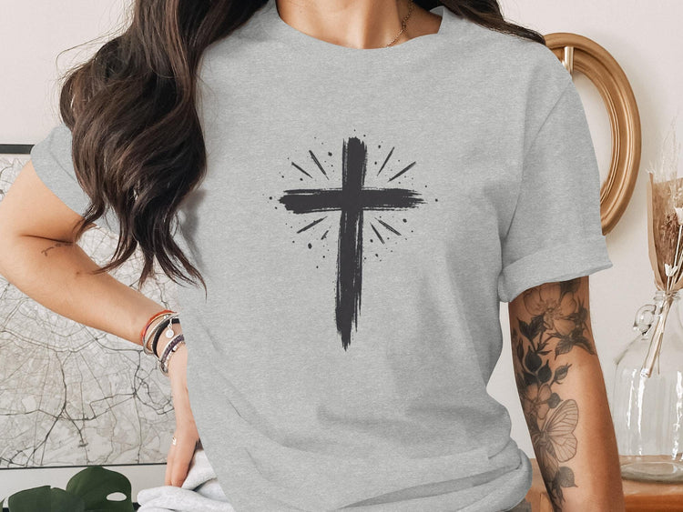 Grey t-shirt with a distressed black Christian cross graphic.