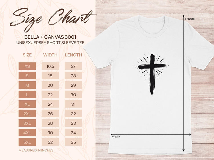 Size chart for Bella + Canvas 3001 unisex short sleeve tee.