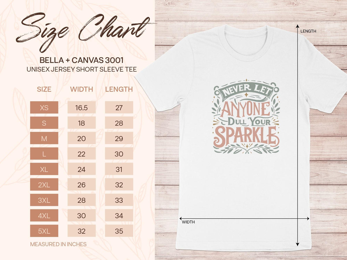 Unisex t-shirt size chart with measurements and a t-shirt graphic.