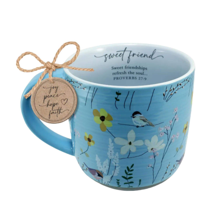 Sweet Friend Mug | Blue Floral Bird Proverbs 27:9 Christian Coffee Cup