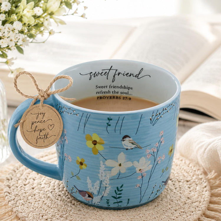 Sweet Friend Mug | Blue Floral Bird Proverbs 27:9 Christian Coffee Cup