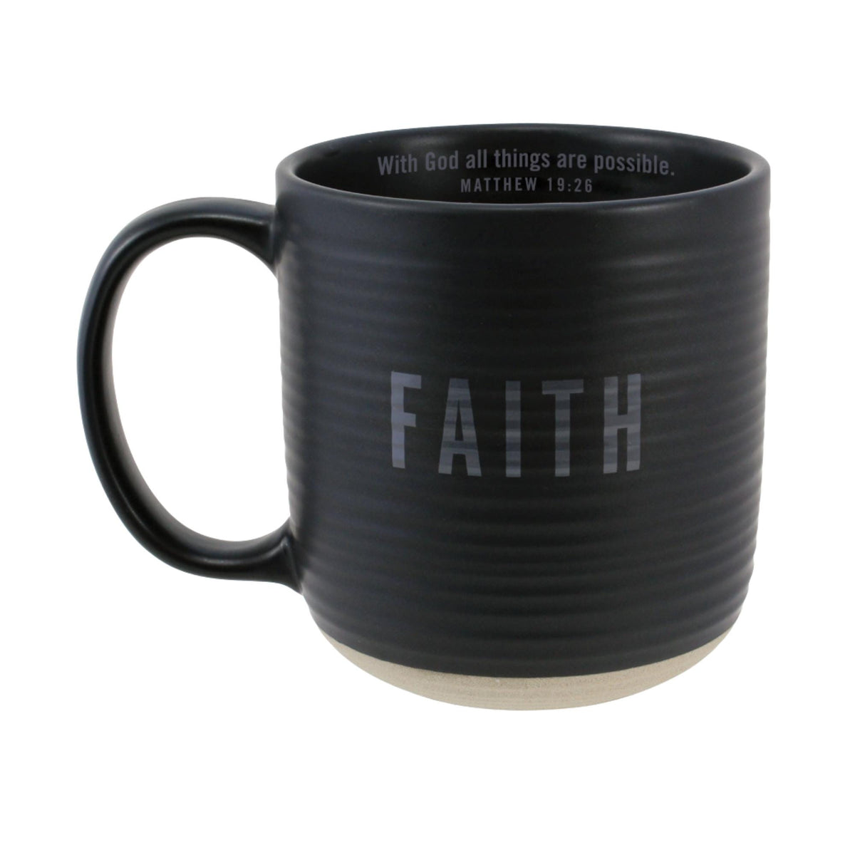 Matte Black Ceramic Faith Mug, Matthew 19:26 With God All Things Are Possible