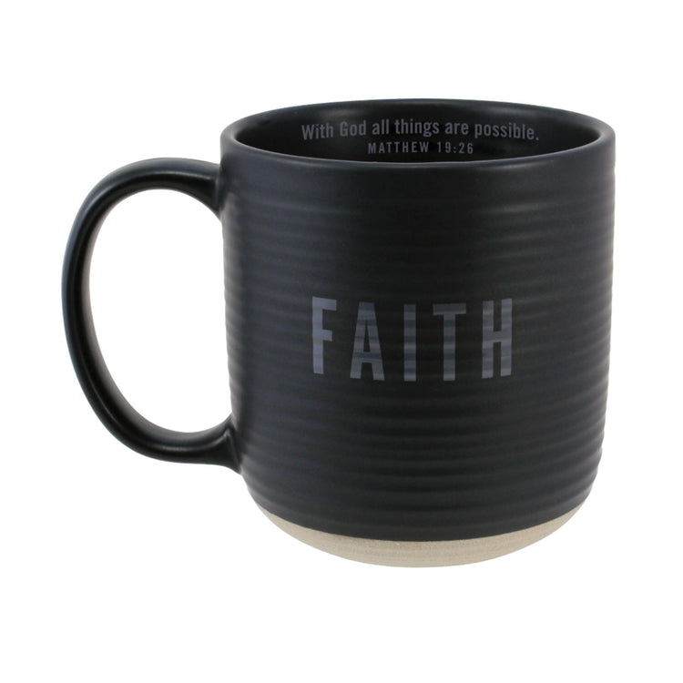 Matte Black Ceramic Faith Mug, Matthew 19:26 With God All Things Are Possible