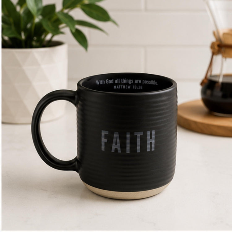 Matte Black Ceramic Faith Mug, Matthew 19:26 With God All Things Are Possible