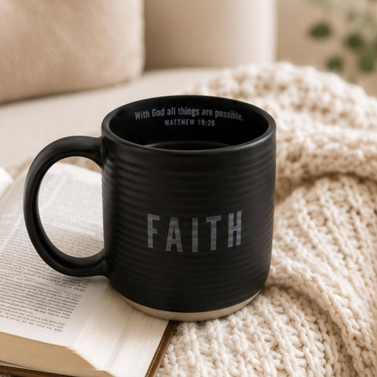 Matte Black Ceramic Faith Mug, Matthew 19:26 With God All Things Are Possible