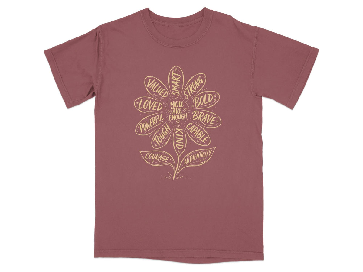 "You are enough" flower graphic with positive affirmations on a dark pink t-shirt.