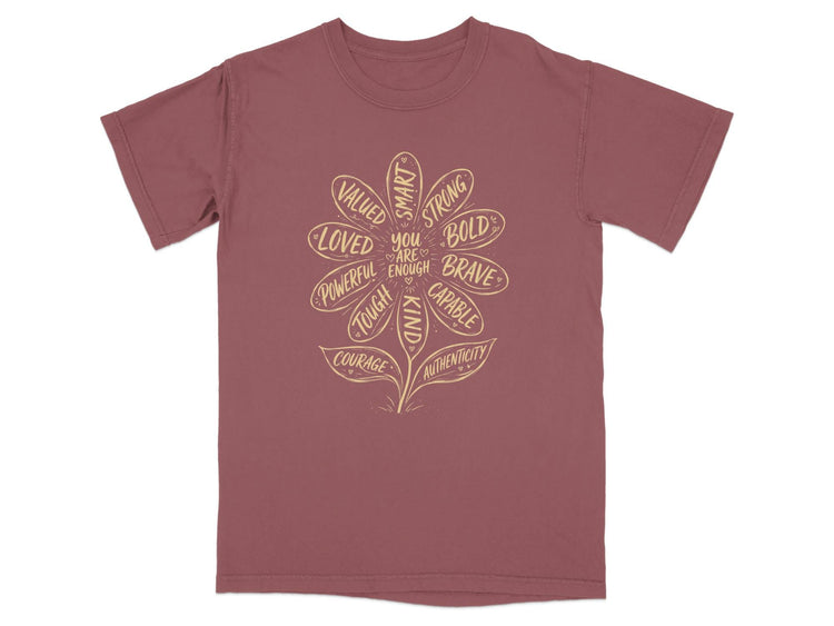 "You are enough" flower graphic with positive affirmations on a dark pink t-shirt.