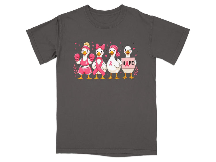 Four ducks in pink attire, some with boxing gloves, promoting breast cancer awareness with the word HOPE.