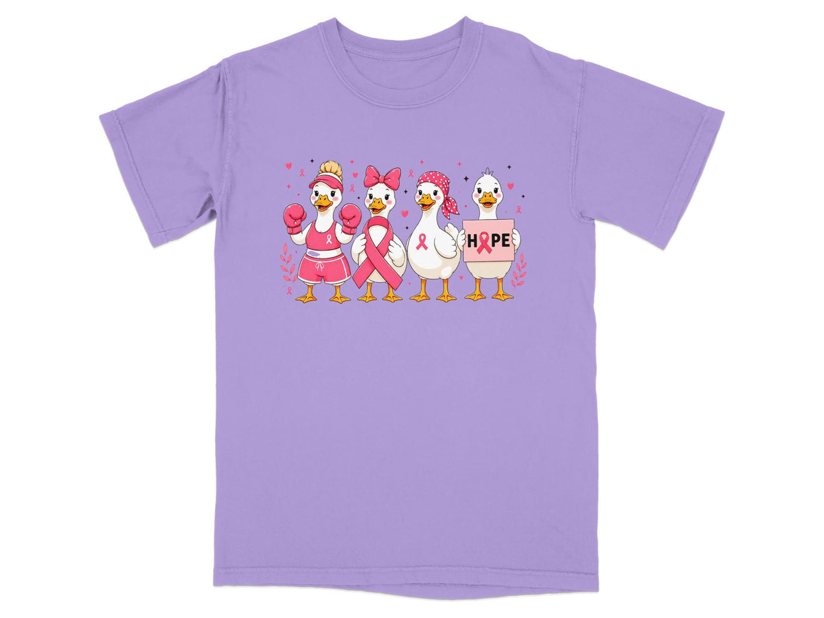 Four ducks in pink gear with breast cancer ribbons, one holding a HOPE sign.
