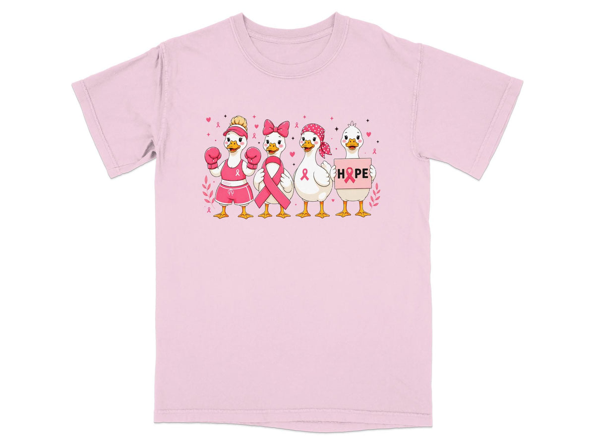 Four geese in various outfits and accessories, some with pink ribbons, holding a sign that says "HOPE".
