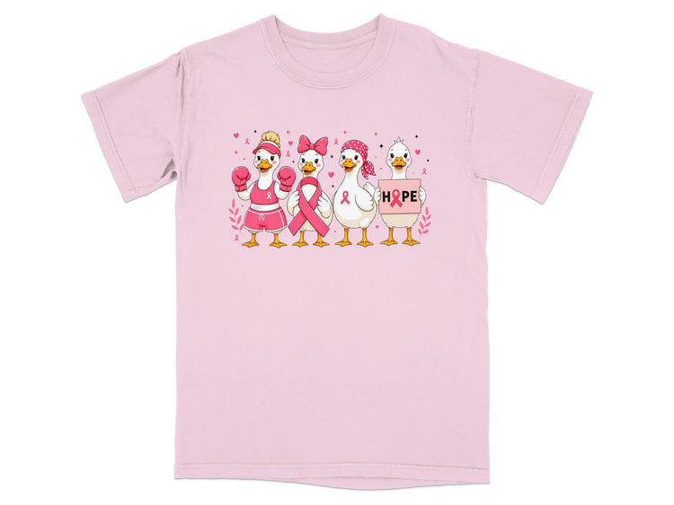 Four geese in various outfits and accessories, some with pink ribbons, holding a sign that says "HOPE".