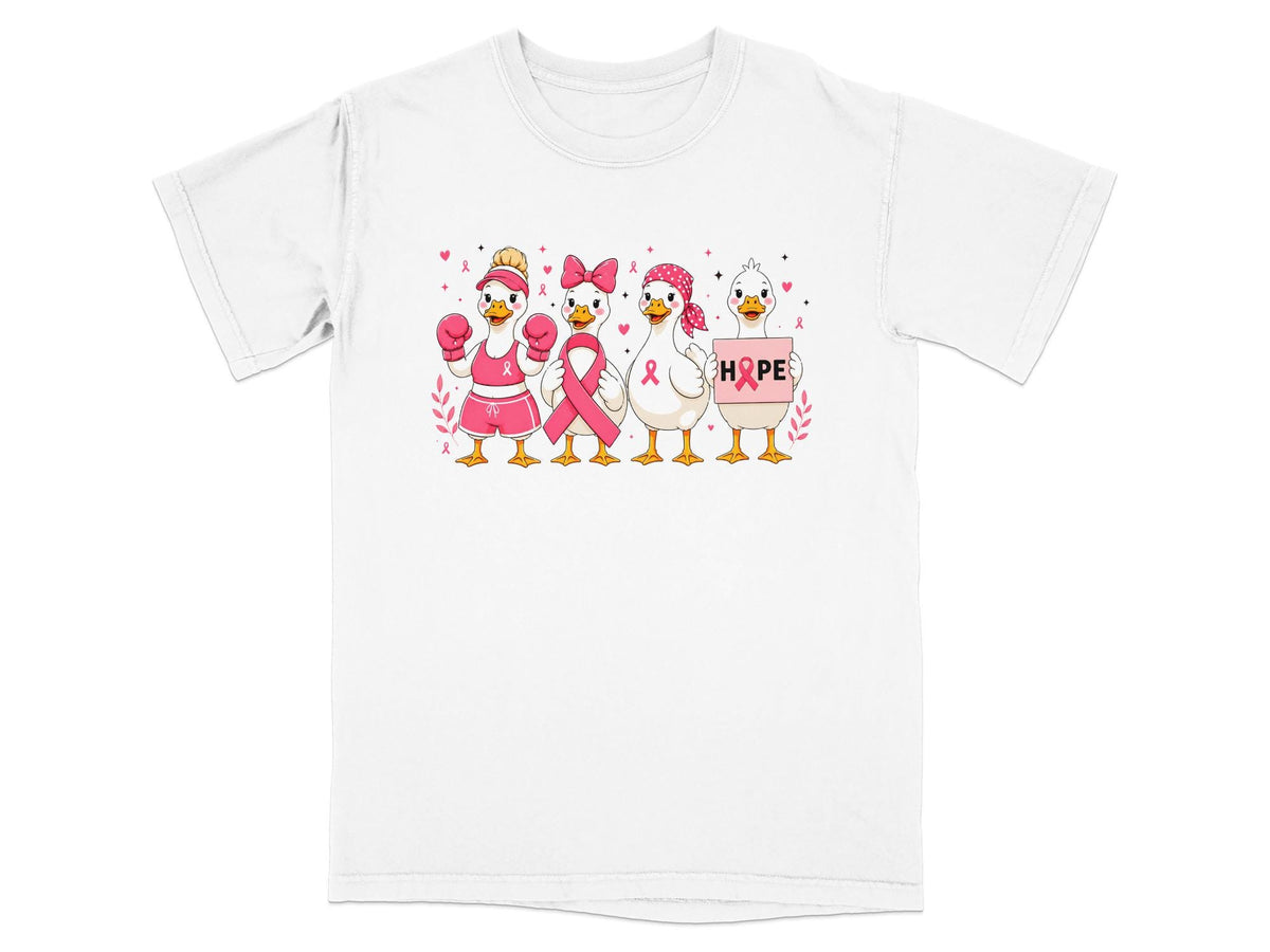 Four cartoon ducks wear pink boxing gloves, hold a ribbon, and display "HOPE" sign.