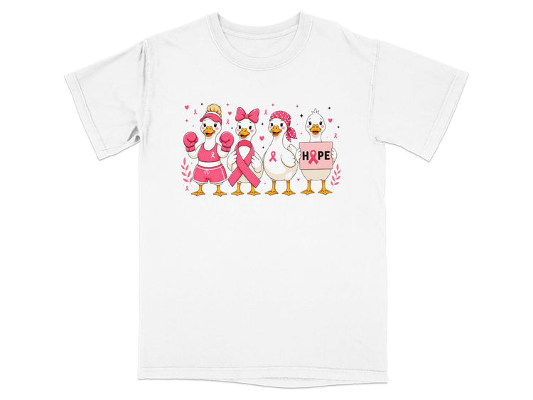 Four cartoon ducks wear pink boxing gloves, hold a ribbon, and display "HOPE" sign.
