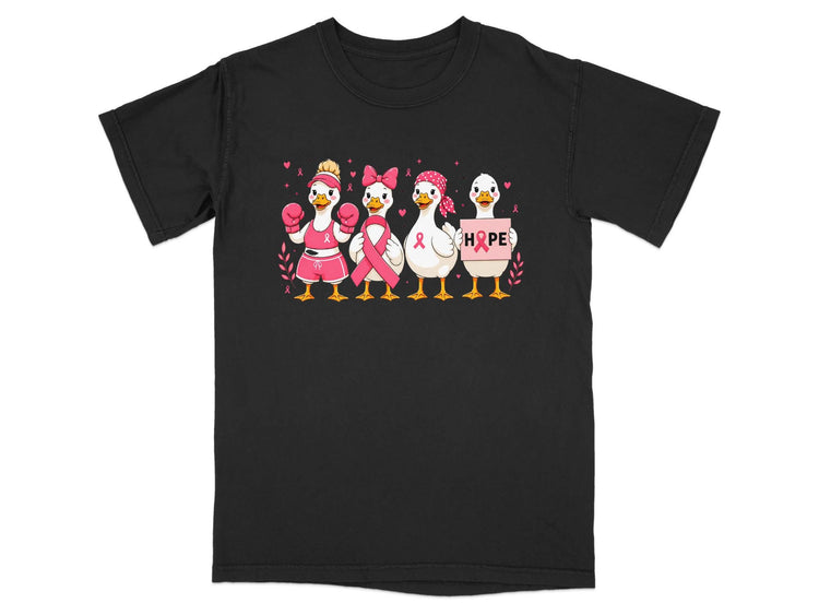 Four ducks in pink celebrate breast cancer awareness, one holding a sign with "HOPE".