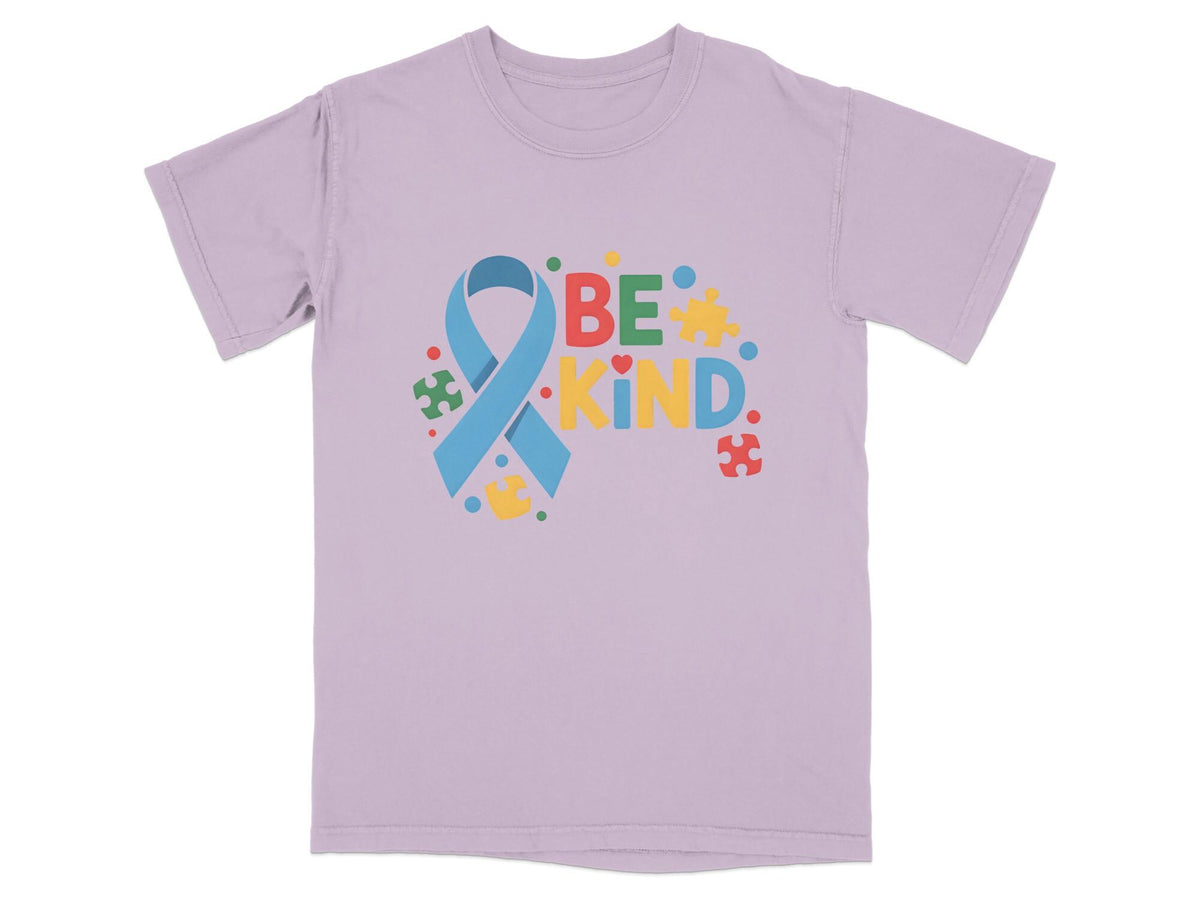 Purple t-shirt with colorful "BE KIND" text and autism awareness ribbon.