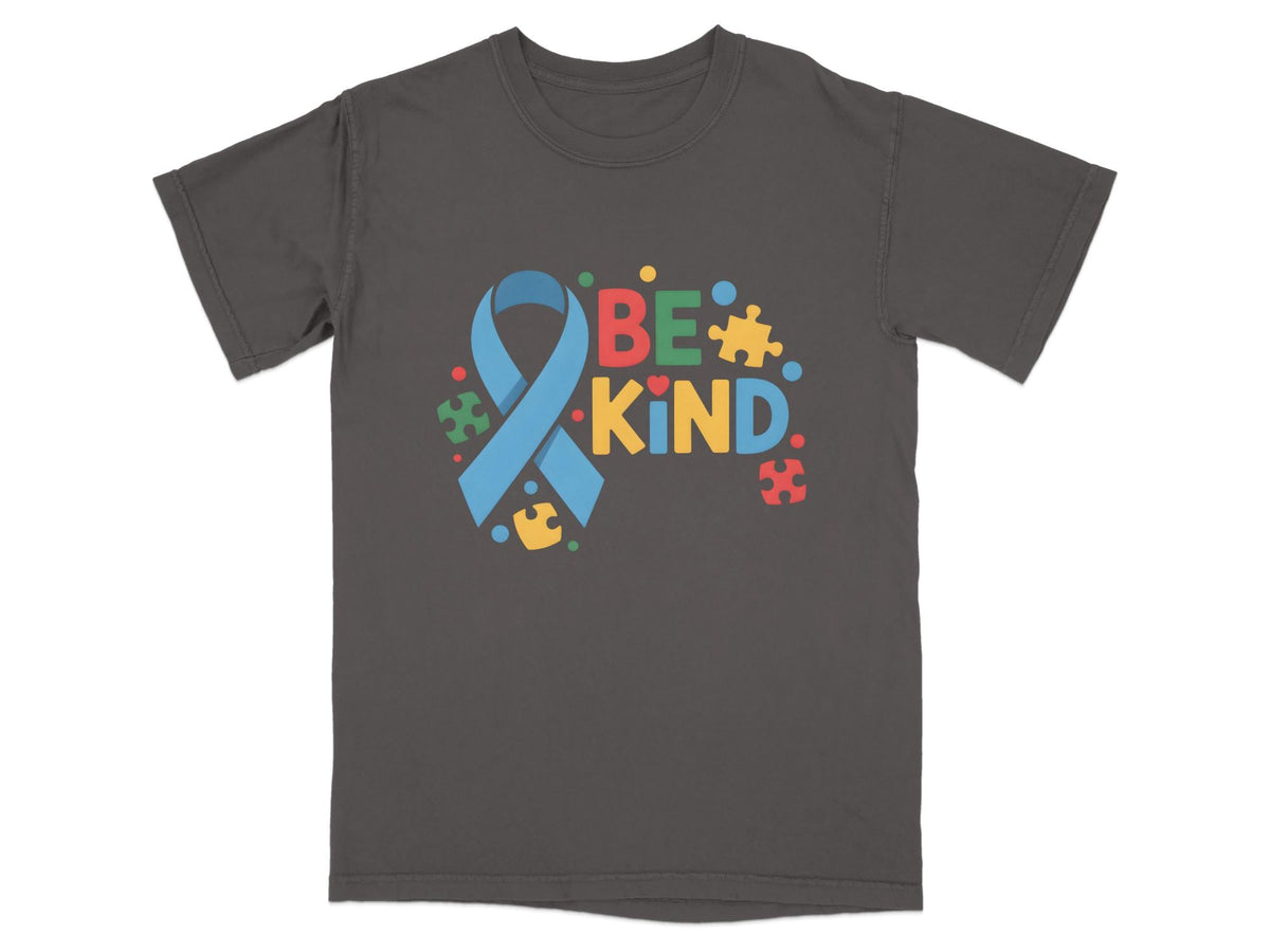 Dark grey t-shirt with "BE KIND" text and autism awareness ribbon.