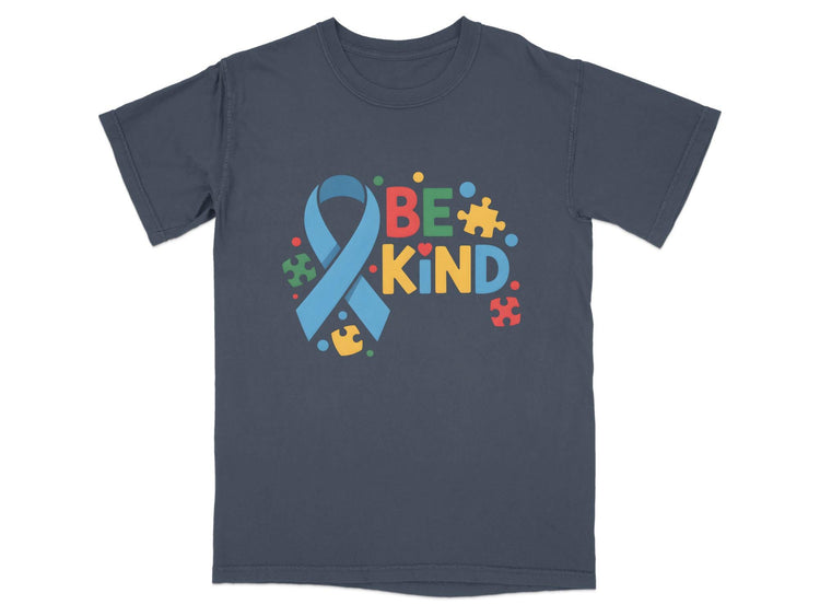 Grey t-shirt with "BE KIND" in colorful letters and a blue autism awareness ribbon.